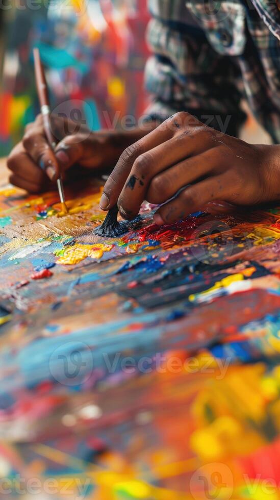 Close-up of a boy's hand painting a colorful abstract artwork on canvas showcasing creativity photo