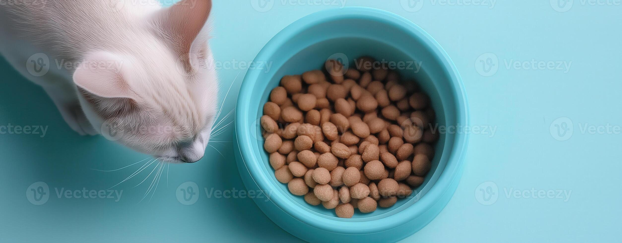 Cat eating kibble from a bowl on a blue background. top-down view showcasing healthy pet nutrition photo
