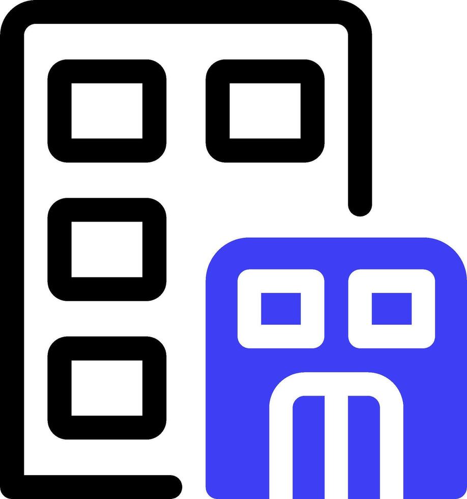 A blue and black icon with a building and a square vector