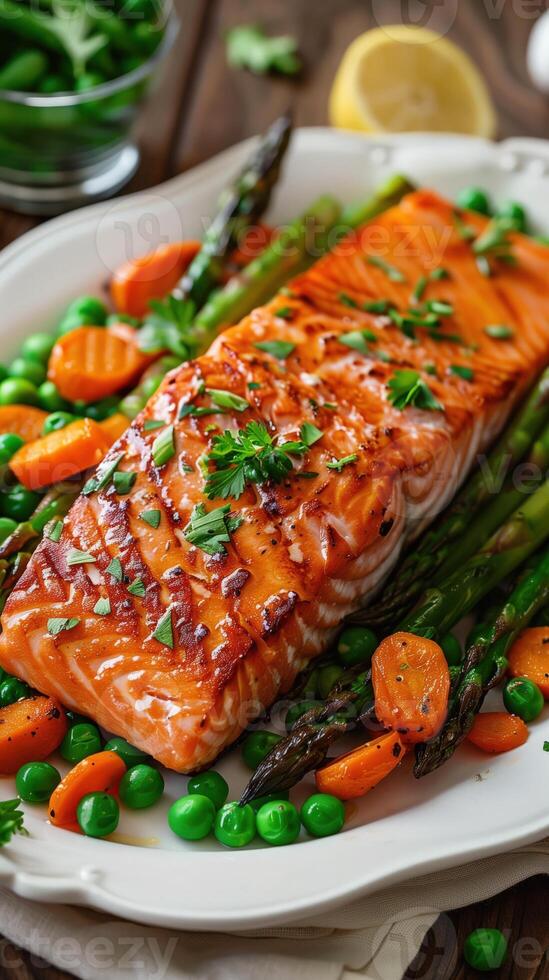 Grilled salmon with asparagus, peas, carrots, on a white platter. Healthy food. Restaurant menu photo
