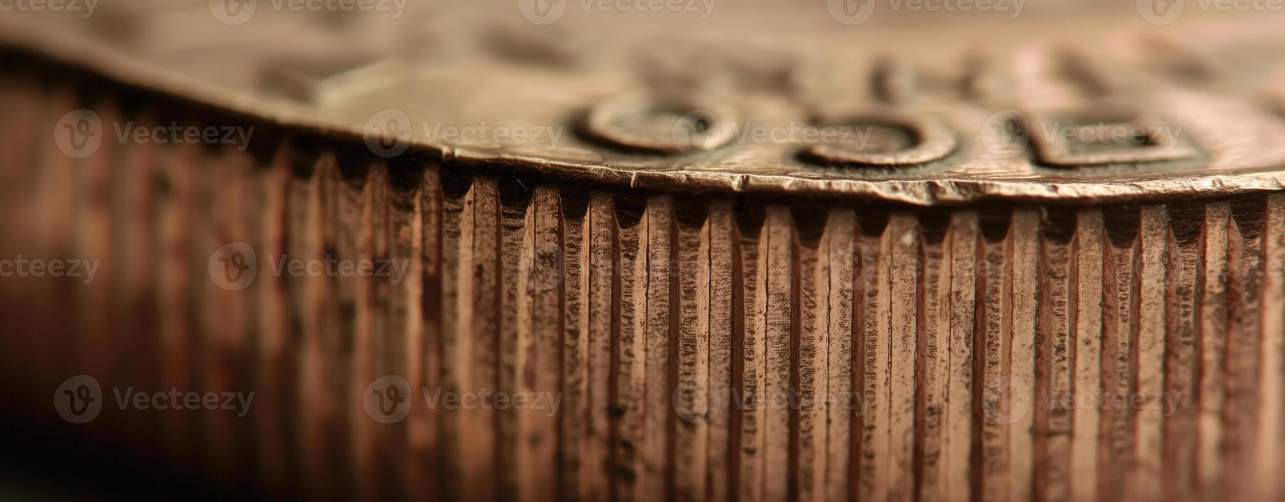 Close-up of coin edge. serrations and detailed texture pattern of golden coins in macro view photo