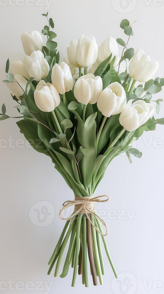 Elegant white tulip bouquet tied with twine on white background, natural beauty and simplicity photo