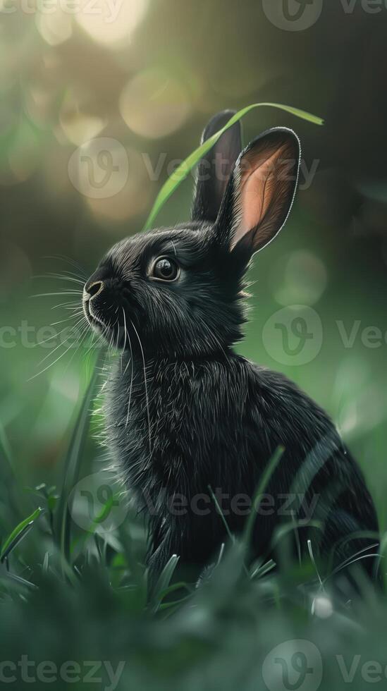 Cute black bunny sitting in grass with ears up looking away in soft sunlight on a grassy field photo