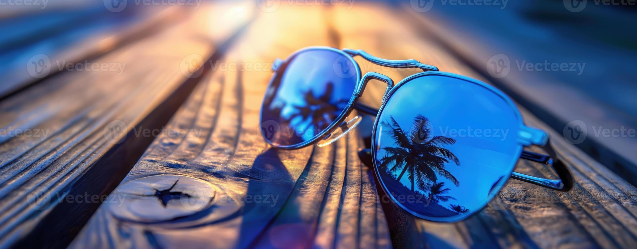 Close-up of stylish blue reflective sunglasses on wooden table at sunset, capturing summer vibes photo