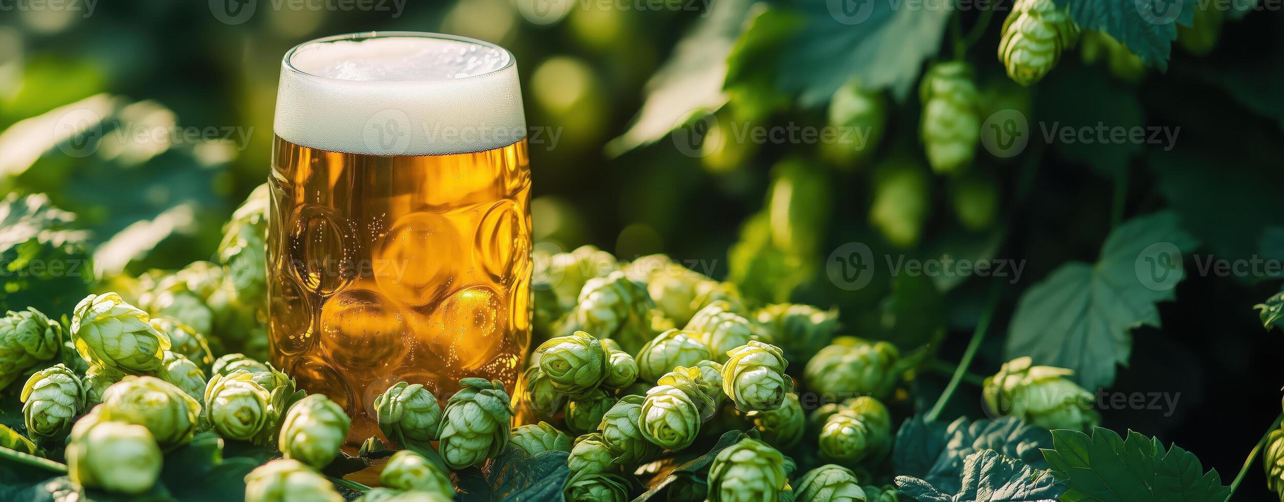 Cold glass of golden beer surrounded by fresh green hops. craft brewing and refreshment beverage photo