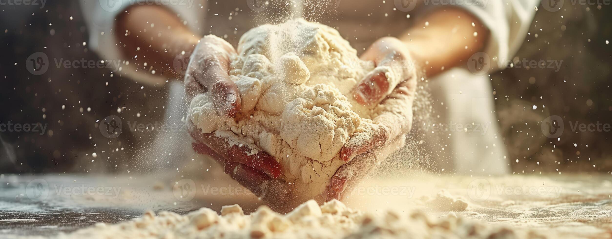 Hands kneading dough on floured surface, baking preparation process photo