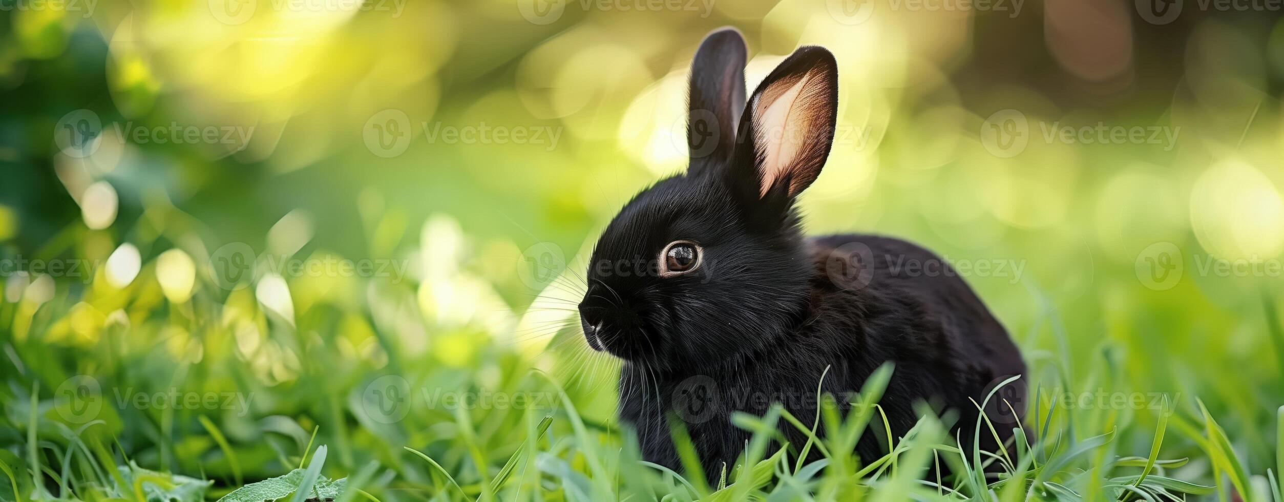 Cute black bunny sitting in grass with ears up looking away in soft sunlight on a grassy field photo