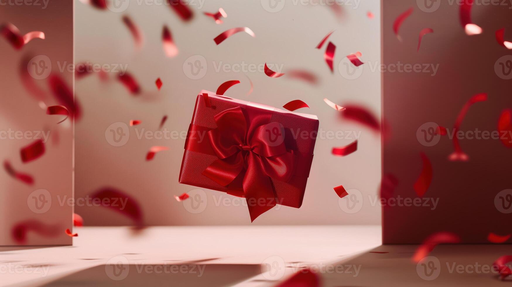 Red gift box with ribbon floating amidst falling confetti. festive celebration atmosphere. surprise photo
