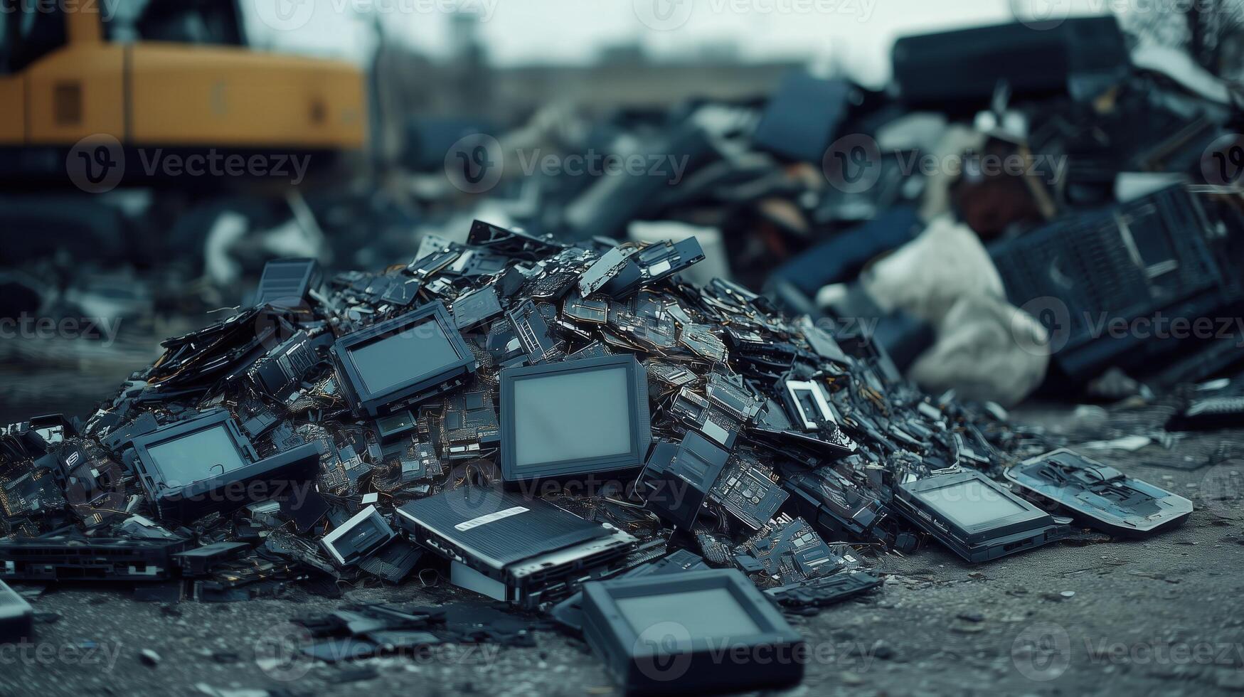 Massive pile of discarded electronics and circuit boards, highlighting e-waste. environmental issues photo