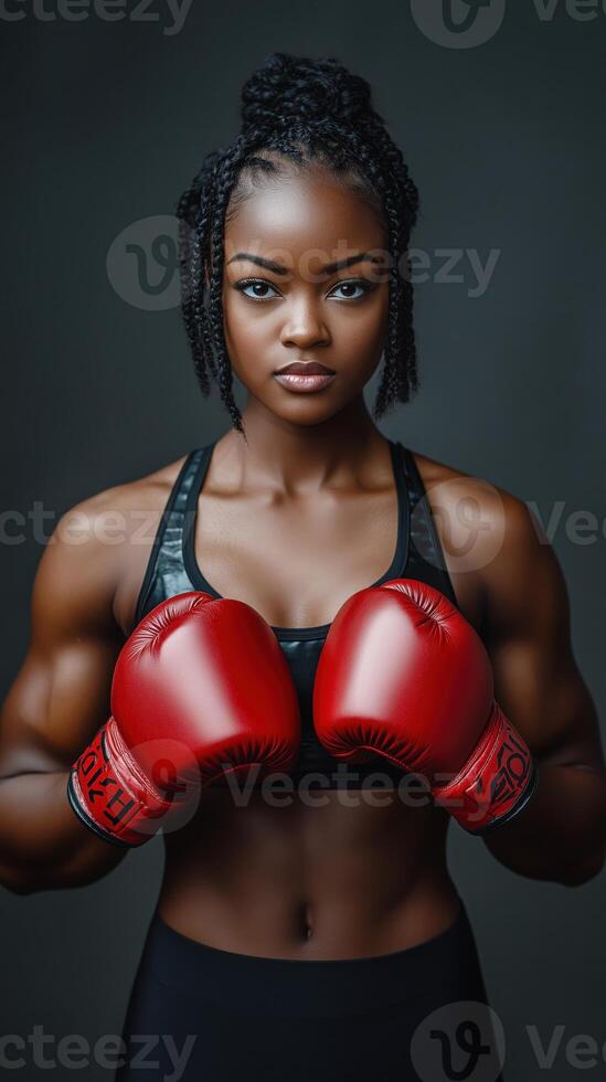 Confident female boxer with red gloves in strong stance, showing power, fitness, and determination photo