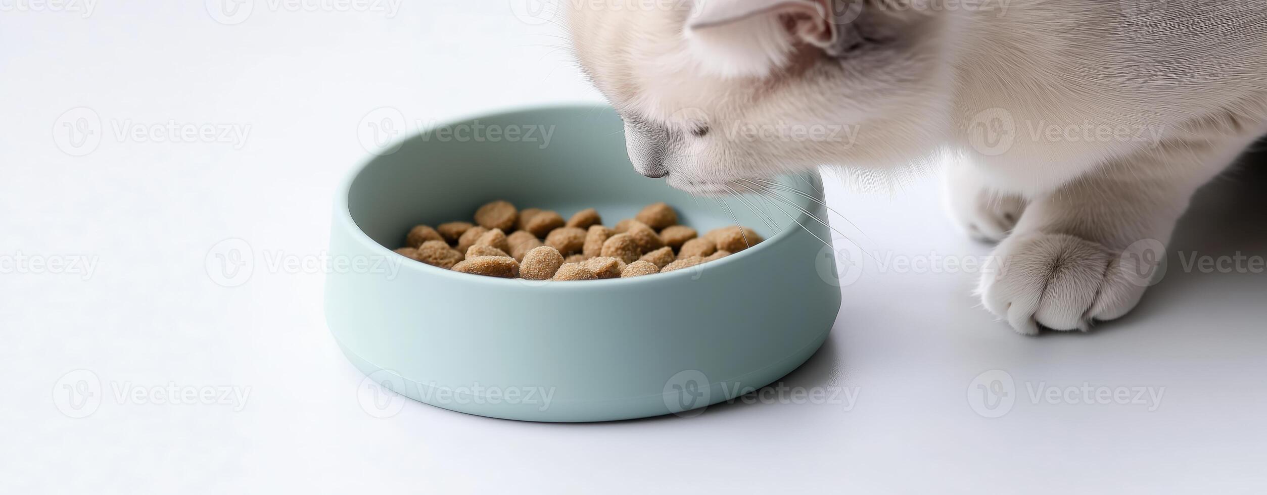 White cat eating dry food from a bowl in a close-up minimalist setting on a white background photo