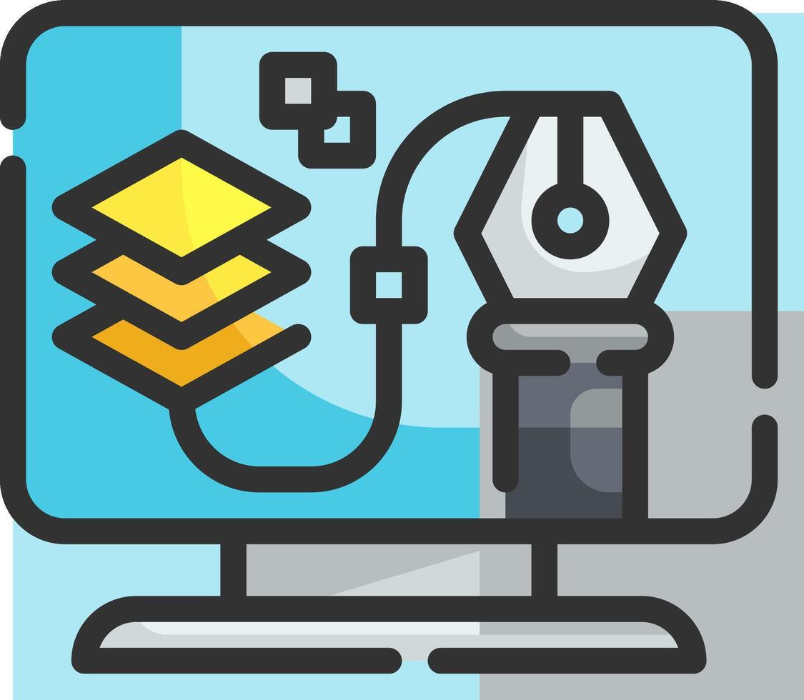 A computer with a pen and a yellow folder vector