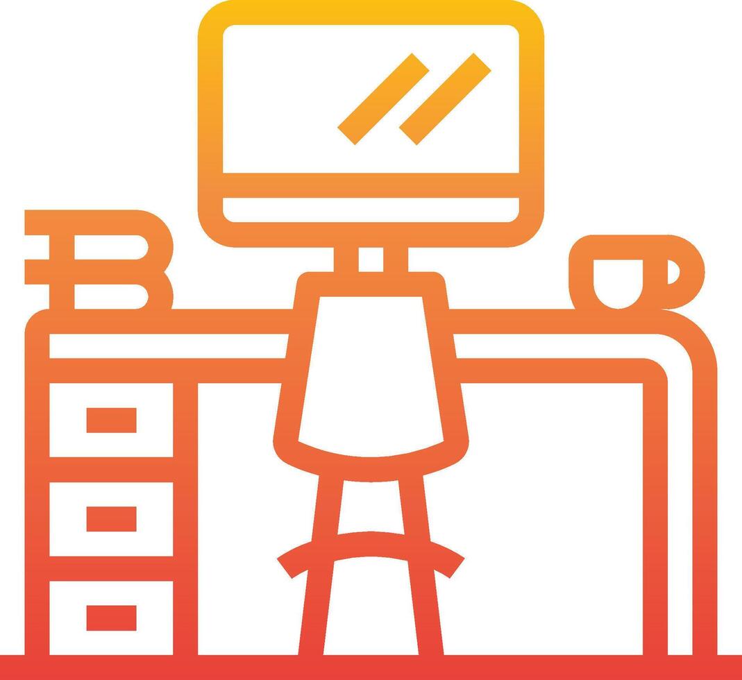 A computer desk with a chair and a cup of coffee vector