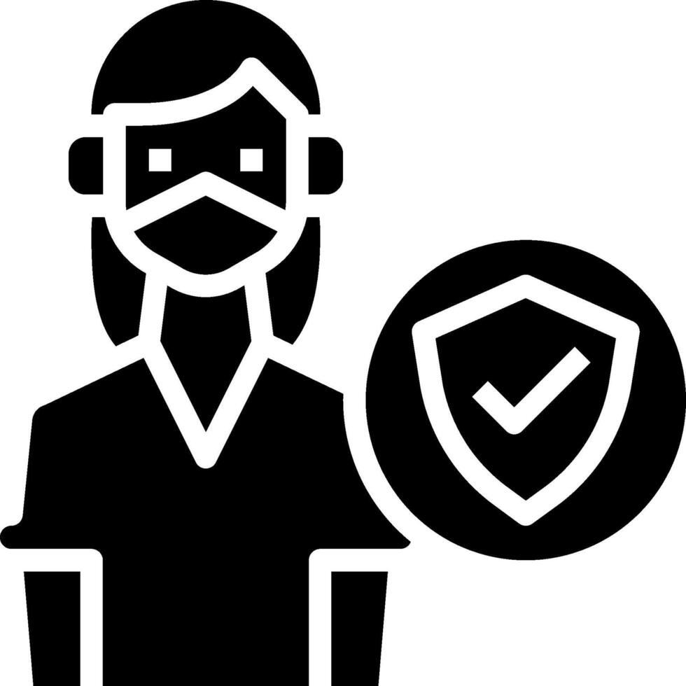 A black and white icon of a woman wearing a face mask vector