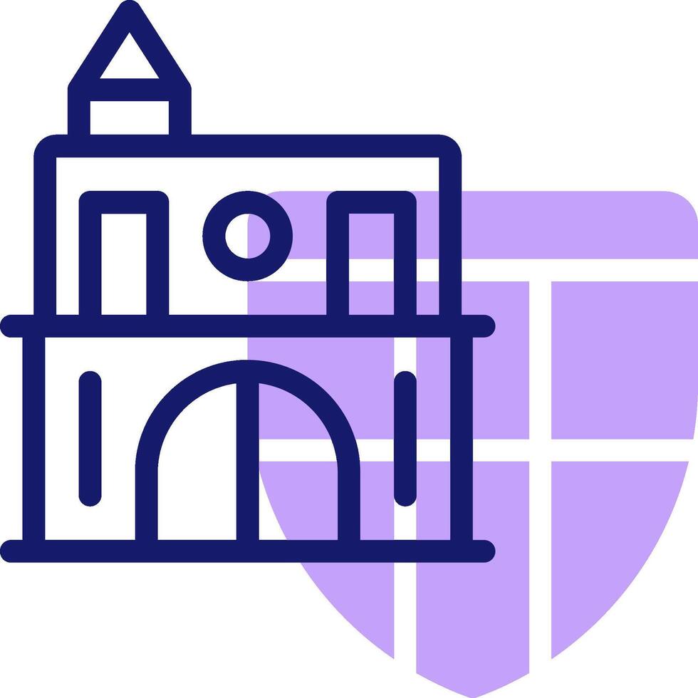 A purple and white icon of a building with a clock on it vector