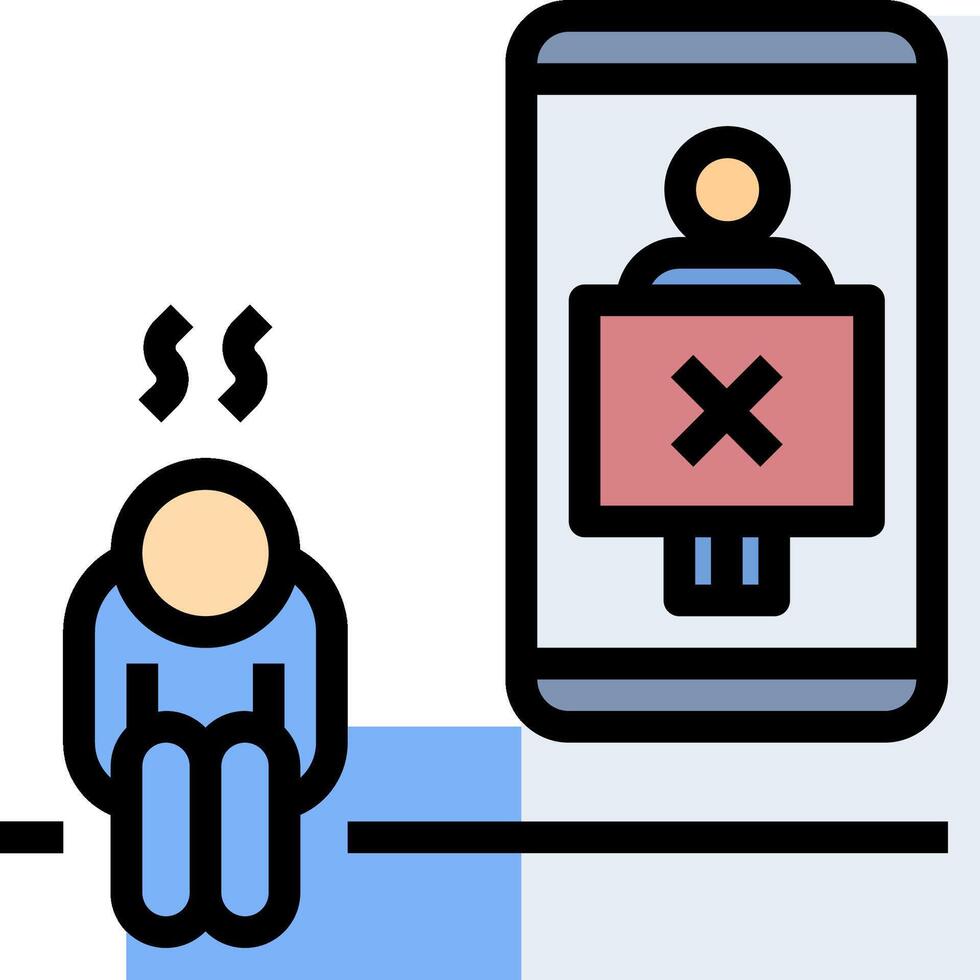 A person is sitting on the floor and looking at a phone with a red cross on it vector
