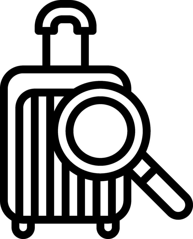 A black and white illustration of a suitcase with a magnifying glass vector