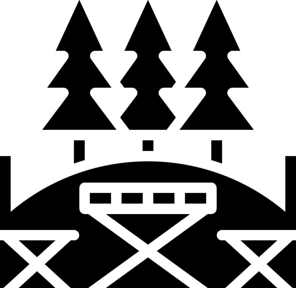 A black and white logo of a picnic table and chairs vector
