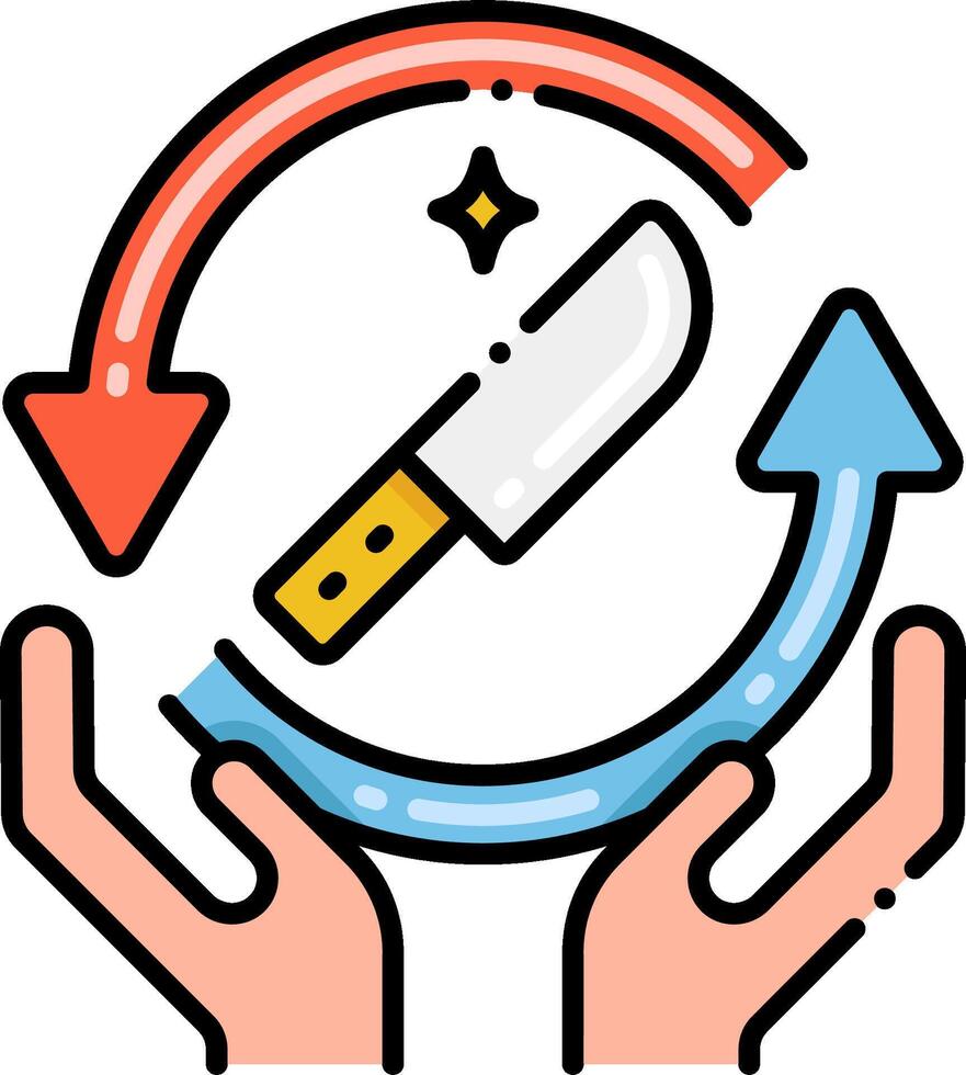 Two hands holding a knife and a knife in the middle of a circle vector