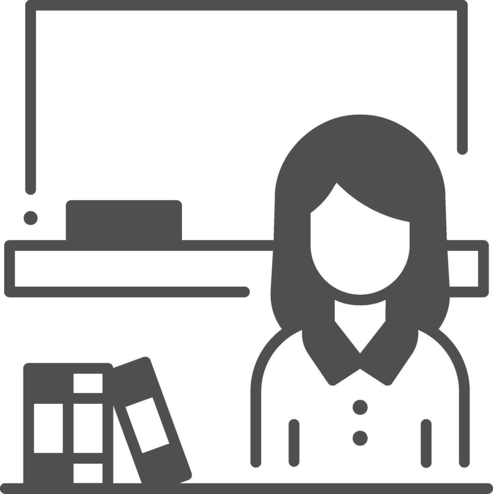 A woman is sitting at a desk with books and a computer vector