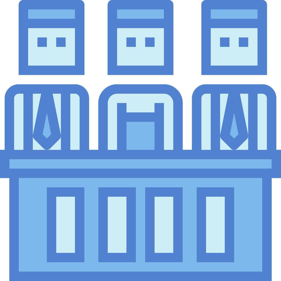 A blue icon of a courtroom with three people sitting at the table vector