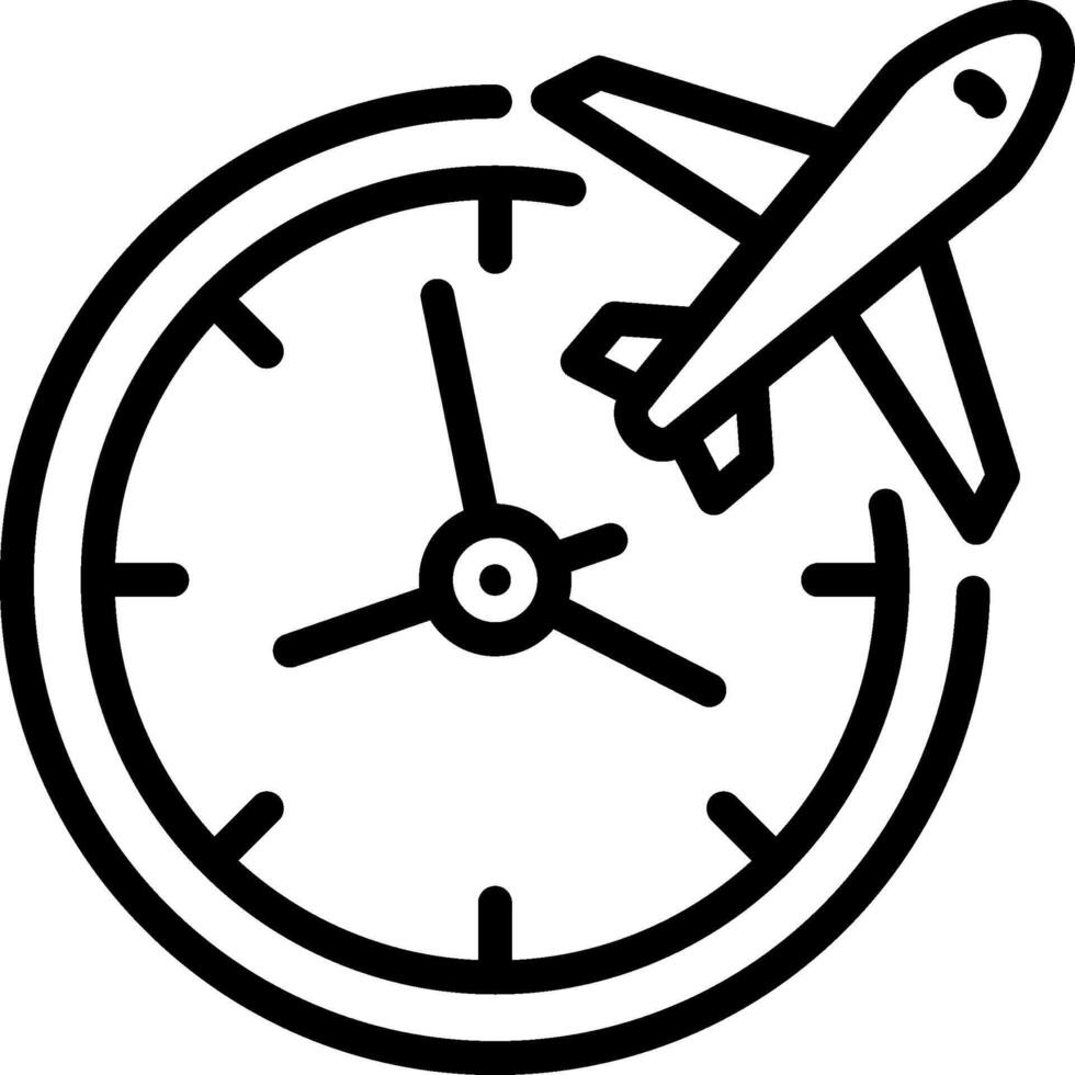 A black and white illustration of a clock with an airplane vector