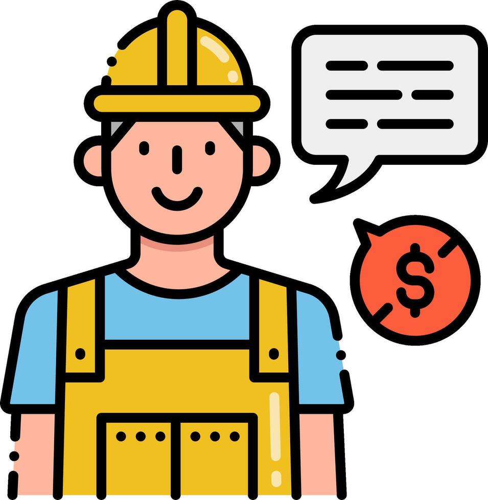 A construction worker with a speech bubble and a dollar sign vector