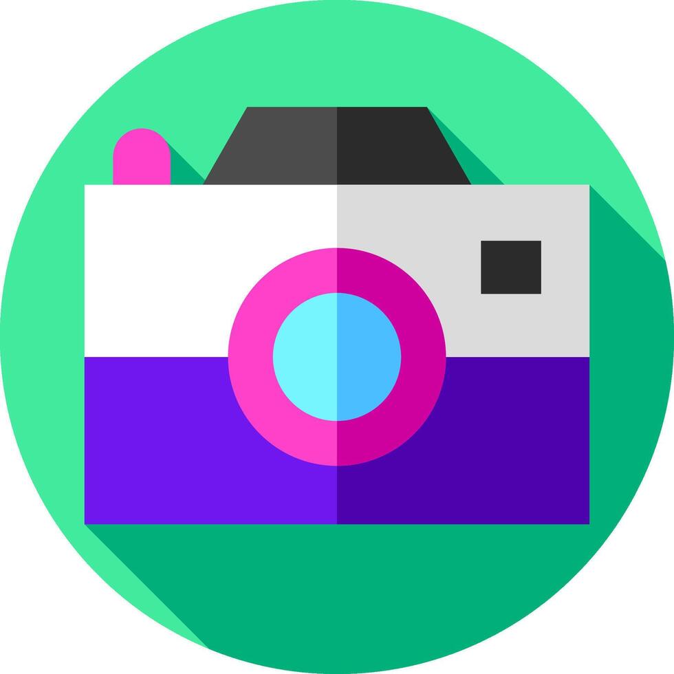 A flat camera icon with a purple and pink background vector