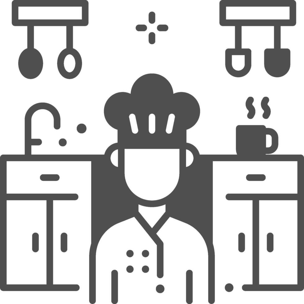 A chef is standing in front of a kitchen vector