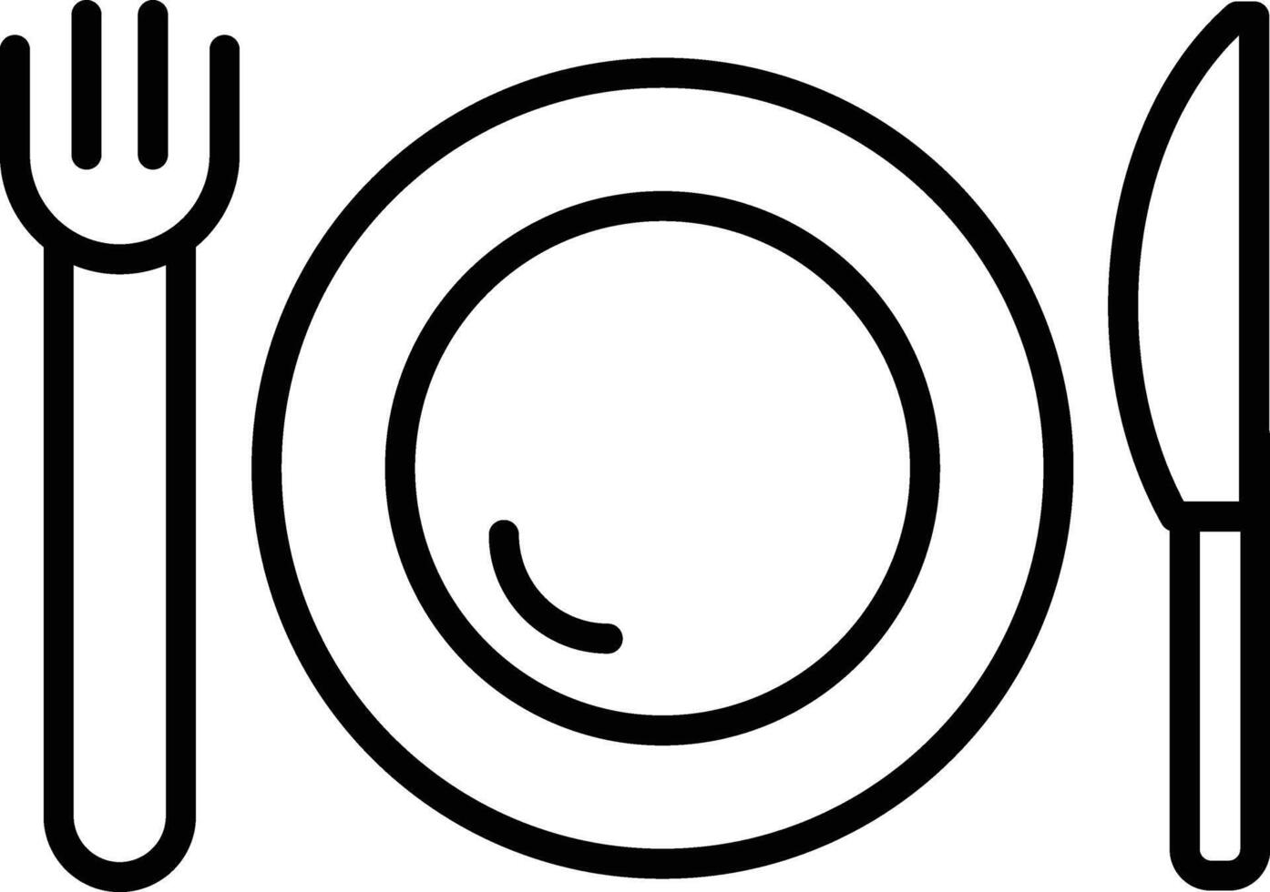 A black and white illustration of a plate, fork and knife vector