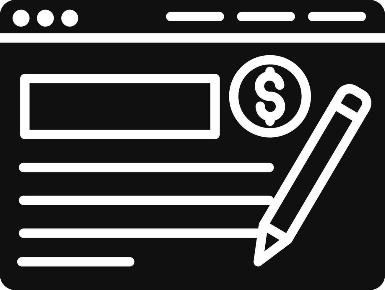 A black and white icon of a pen and money vector