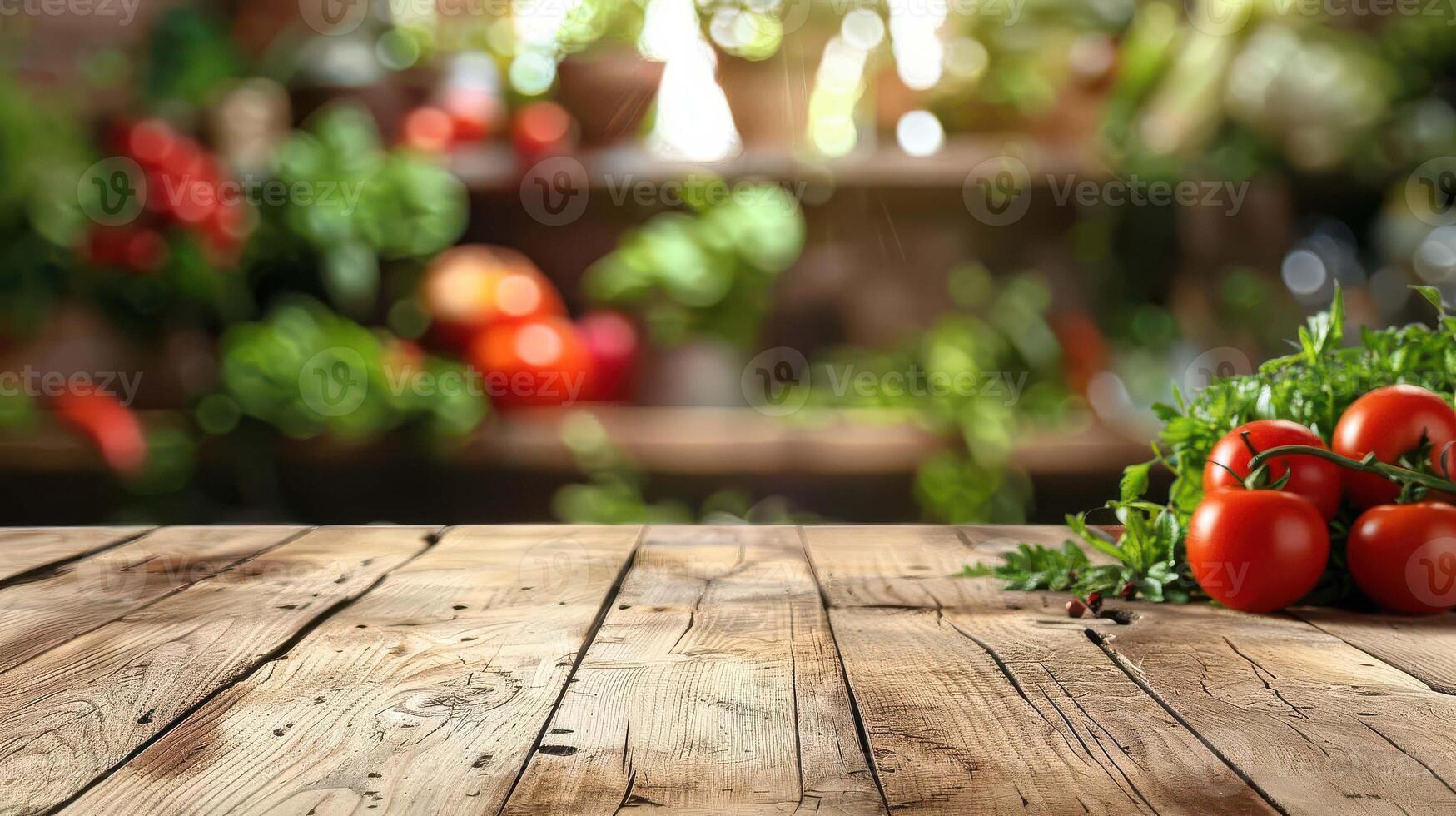 A wooden table with tomatoes and herbs on it photo