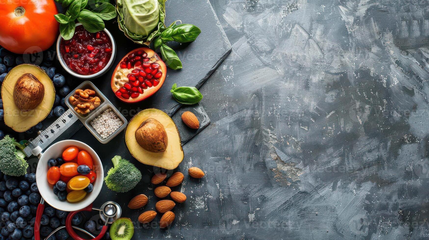 Various fruits and vegetables are arranged on a table photo