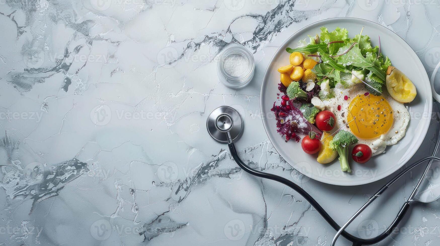 A plate with food and a stethoscope on a marble surface photo