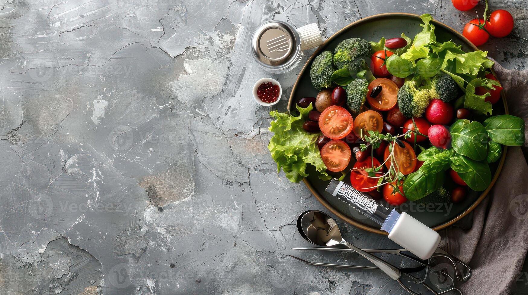 A plate with vegetables and other ingredients on a gray background photo