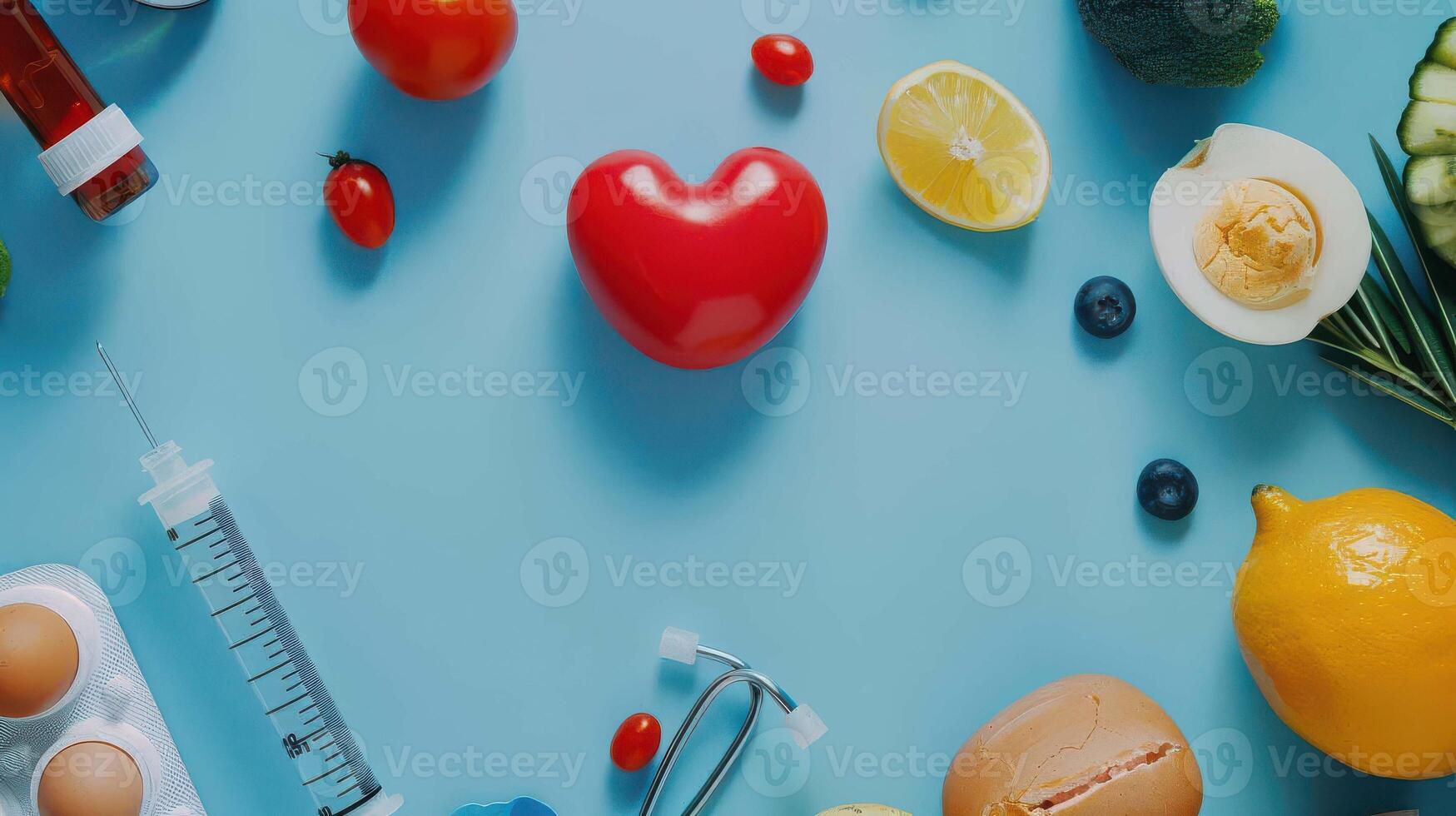 Various fruits and vegetables arranged around a heart photo
