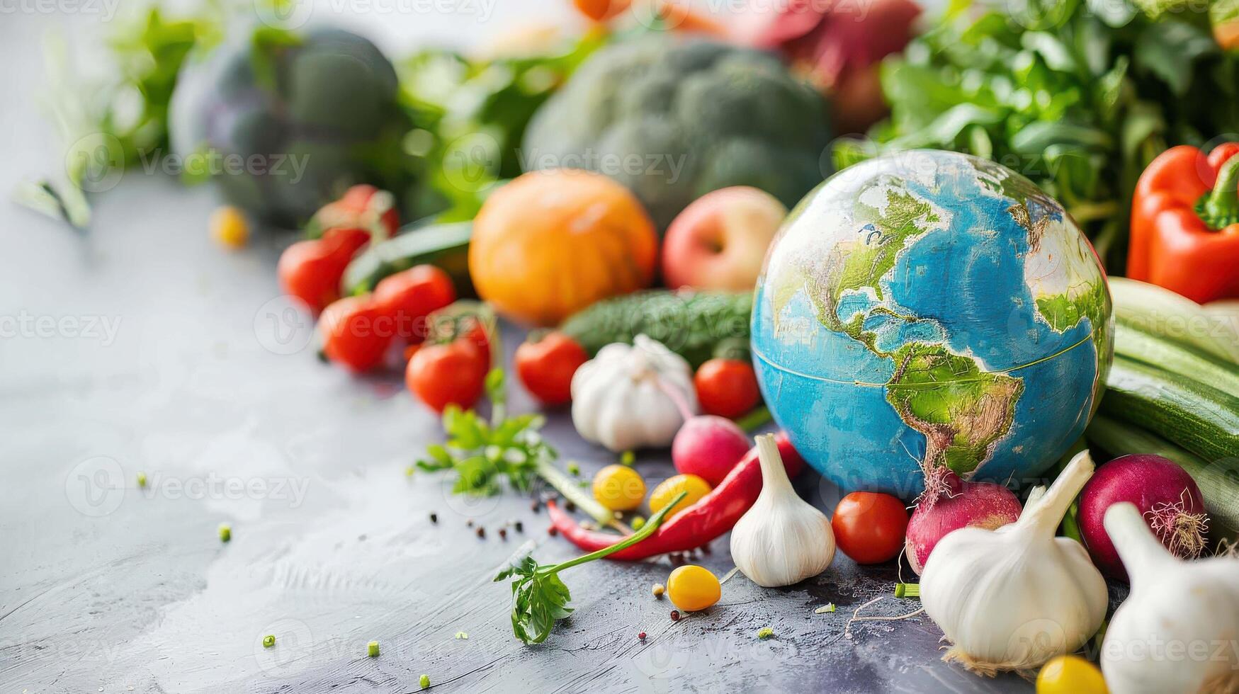 The earth is surrounded by vegetables and fruits on a table photo