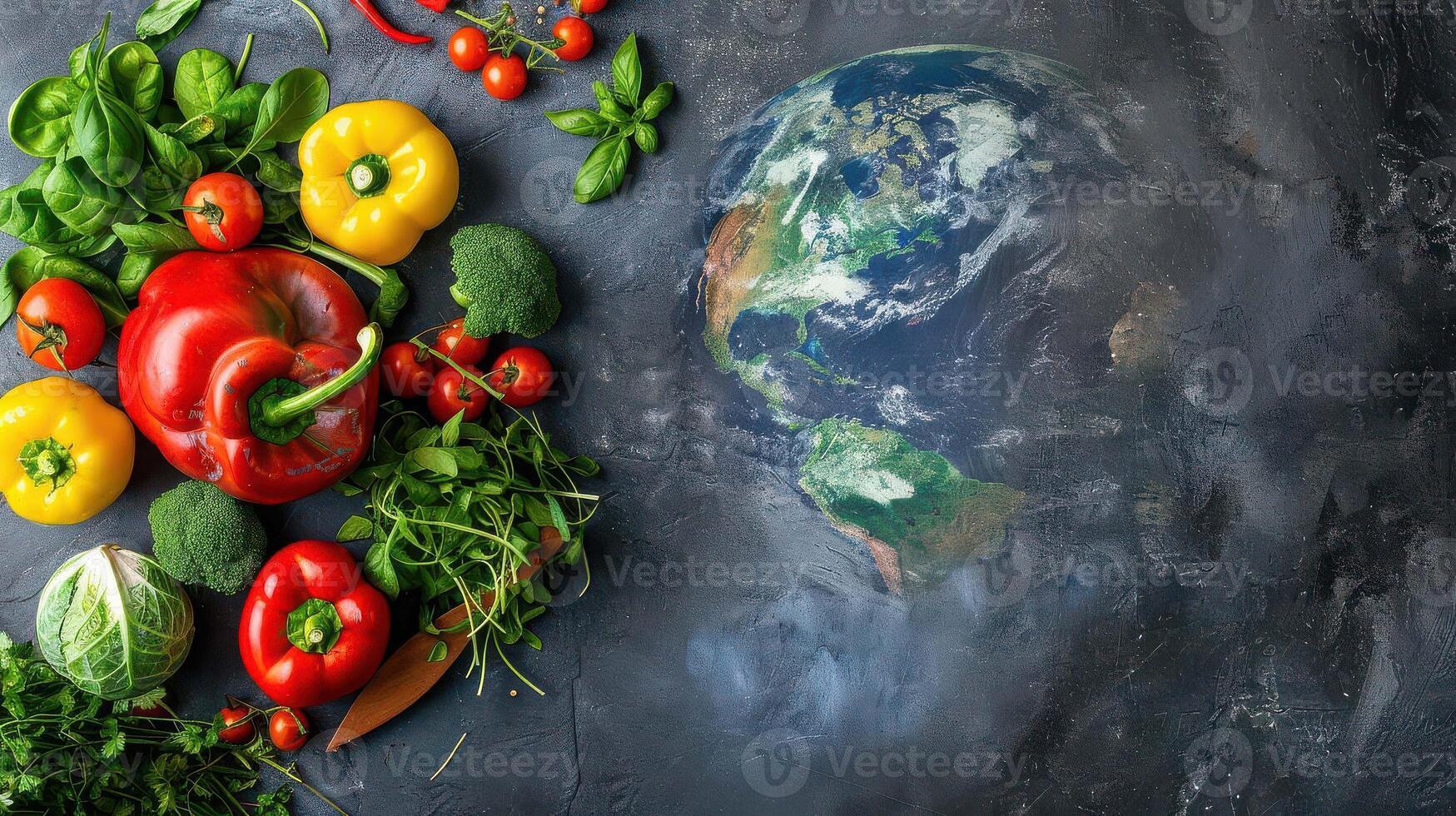 Vegetables and fruits on a table with the earth in the background photo