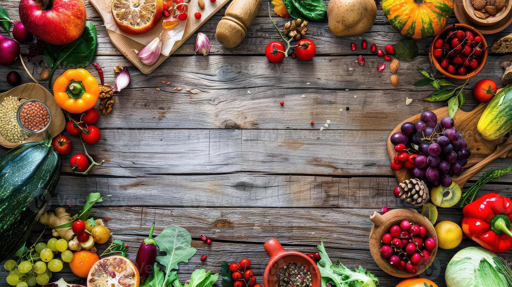 A wooden table with various fruits and vegetables photo