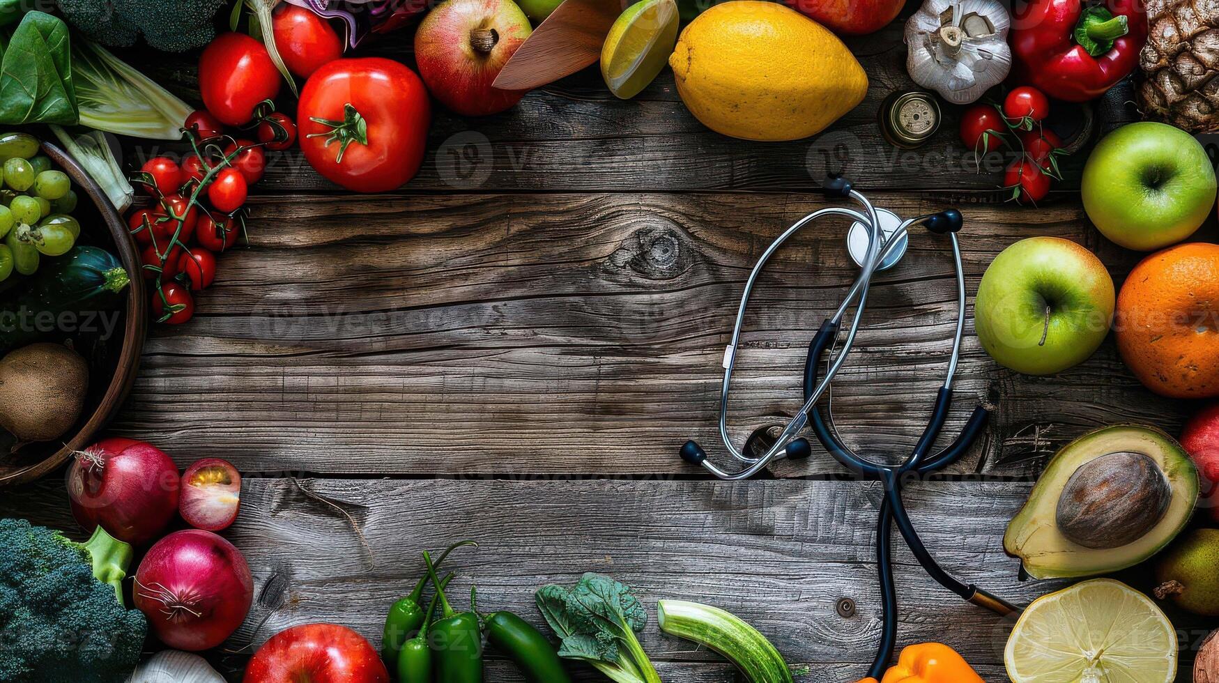 A wooden table with a stethoscope and various fruits and vegetables photo