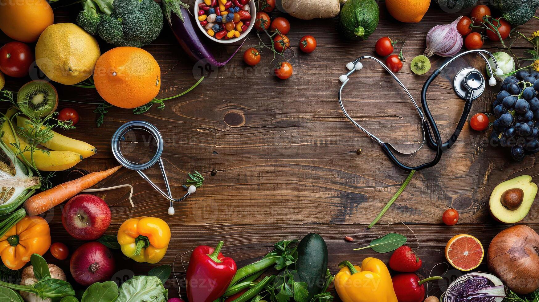 A doctor's stethoscope surrounded by various fruits and vegetables photo
