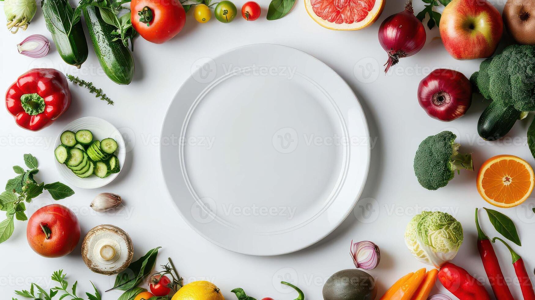 An empty plate surrounded by various vegetables and fruits photo
