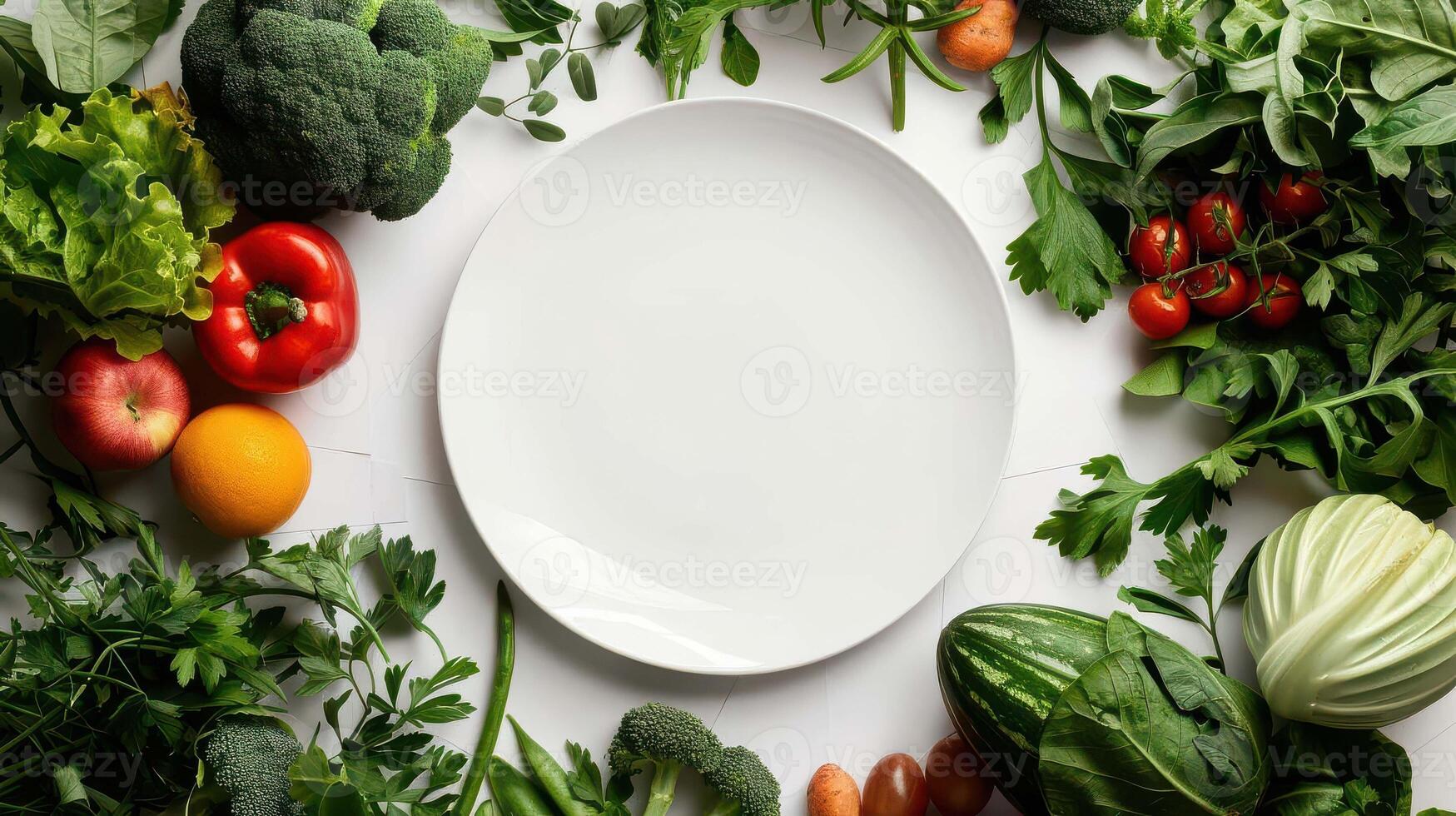 An empty plate surrounded by vegetables and fruits photo