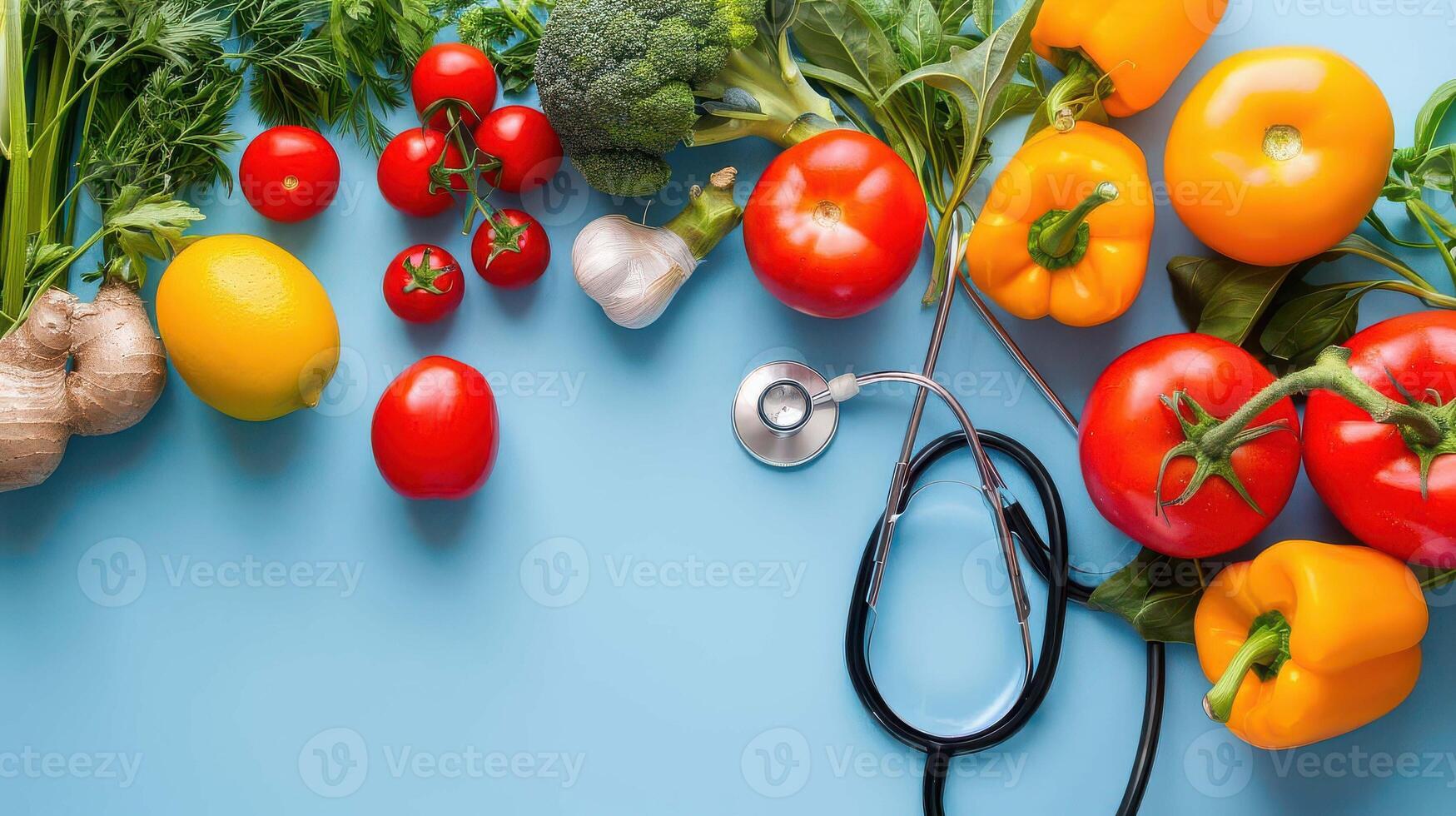 A stethoscope is surrounded by various vegetables and fruits photo