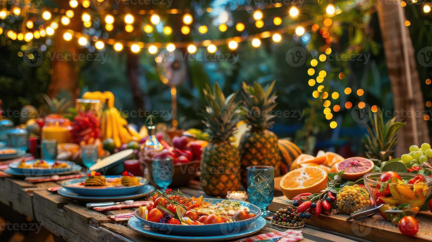A table set with fruit and vegetables photo