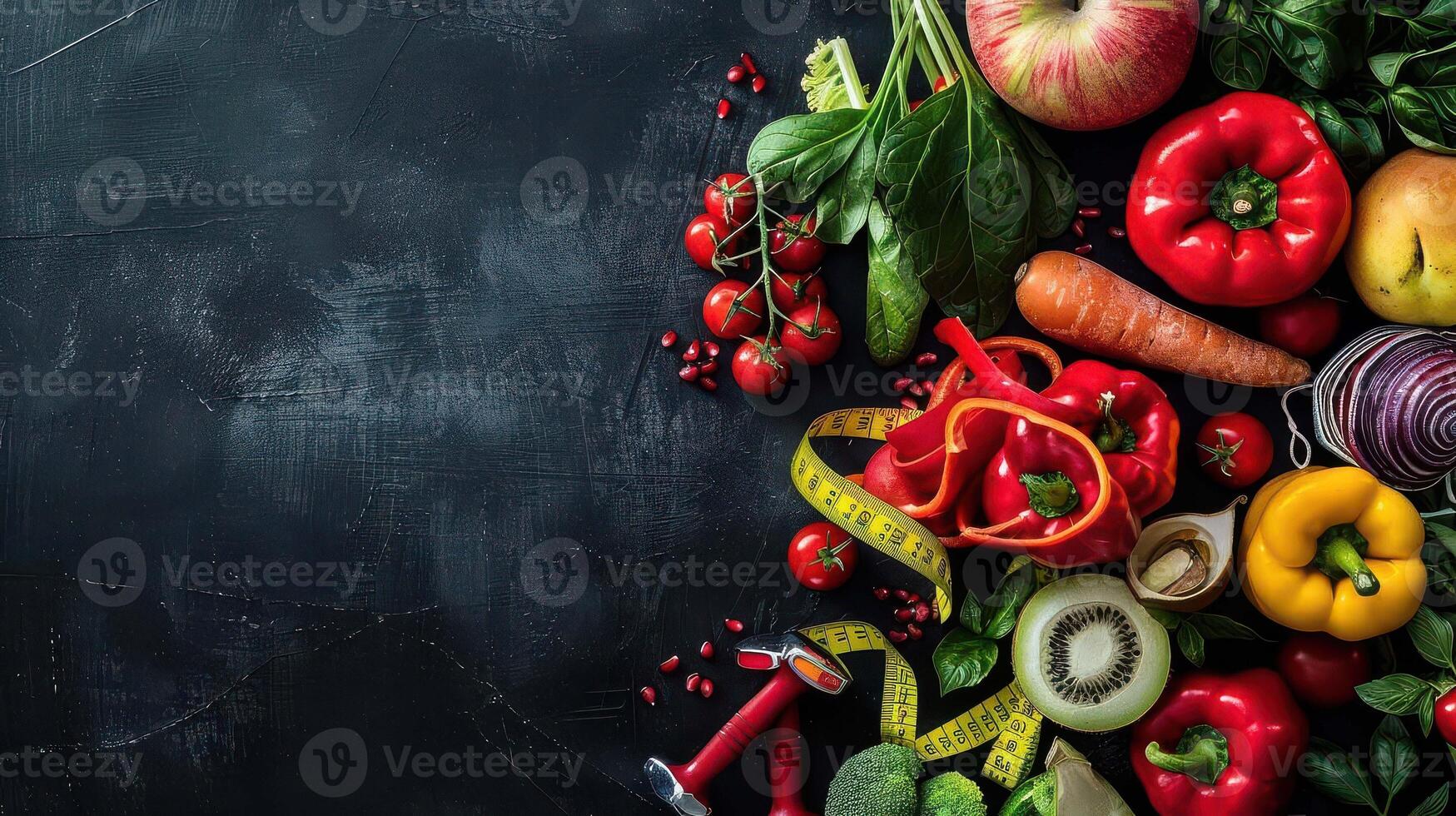 Various fruits and vegetables are arranged on a black background photo