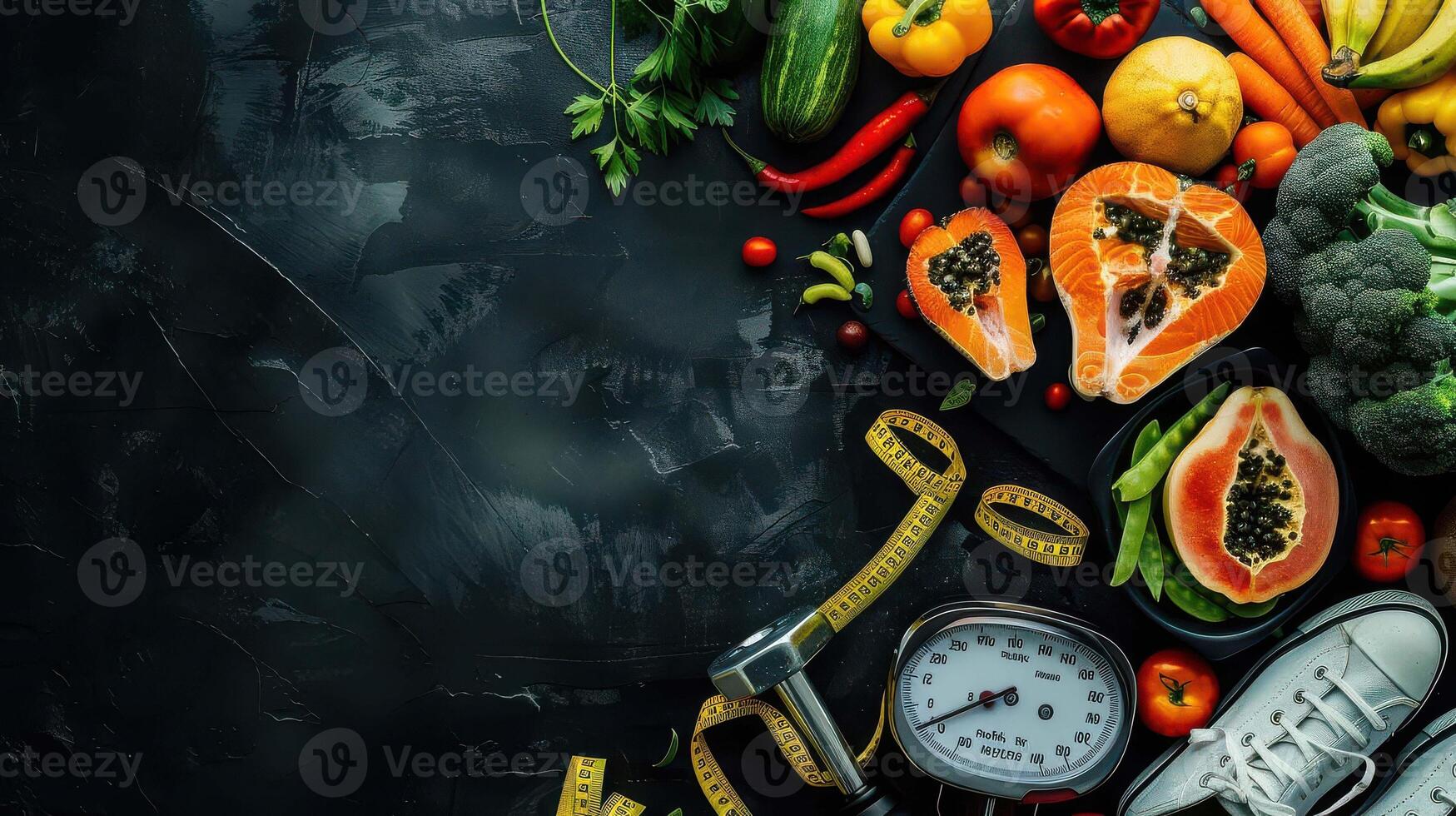 Various fruits and vegetables are arranged around a measuring tape photo
