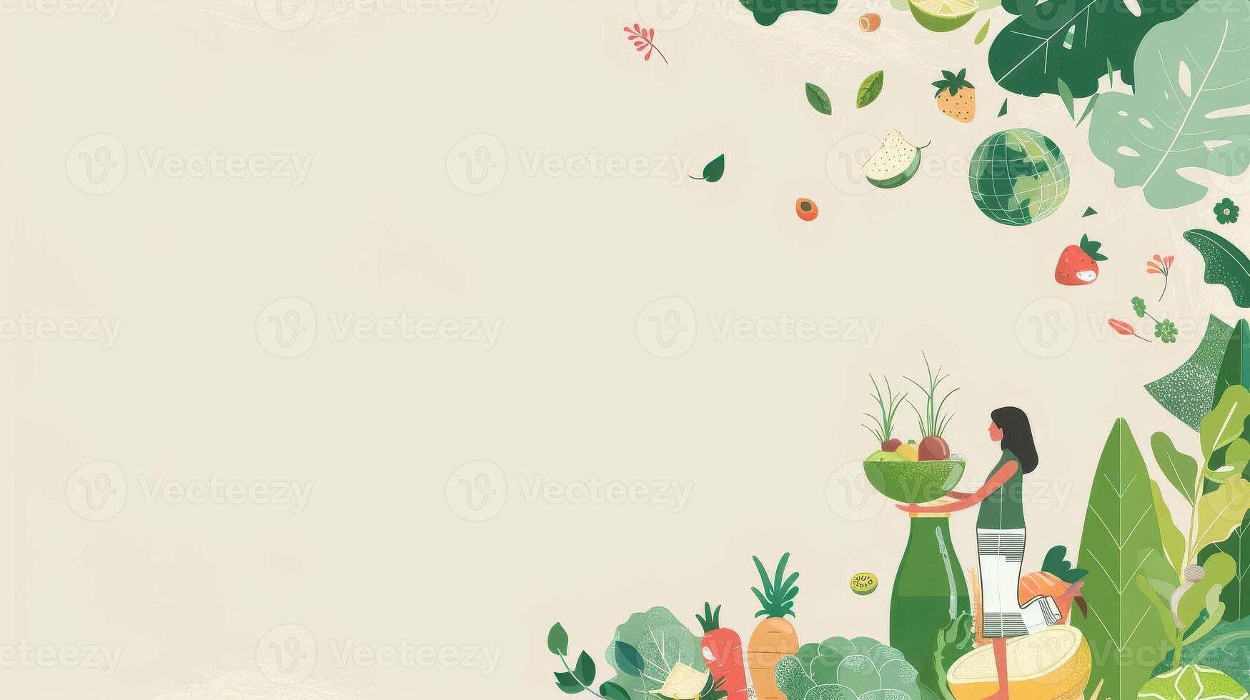 A woman is standing in front of a bowl of vegetables and fruit photo