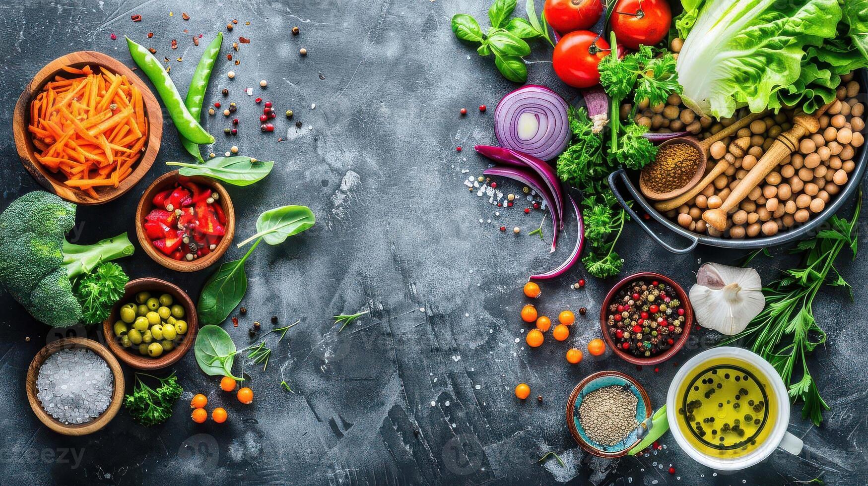 Various vegetables and fruits in bowls on a dark background photo