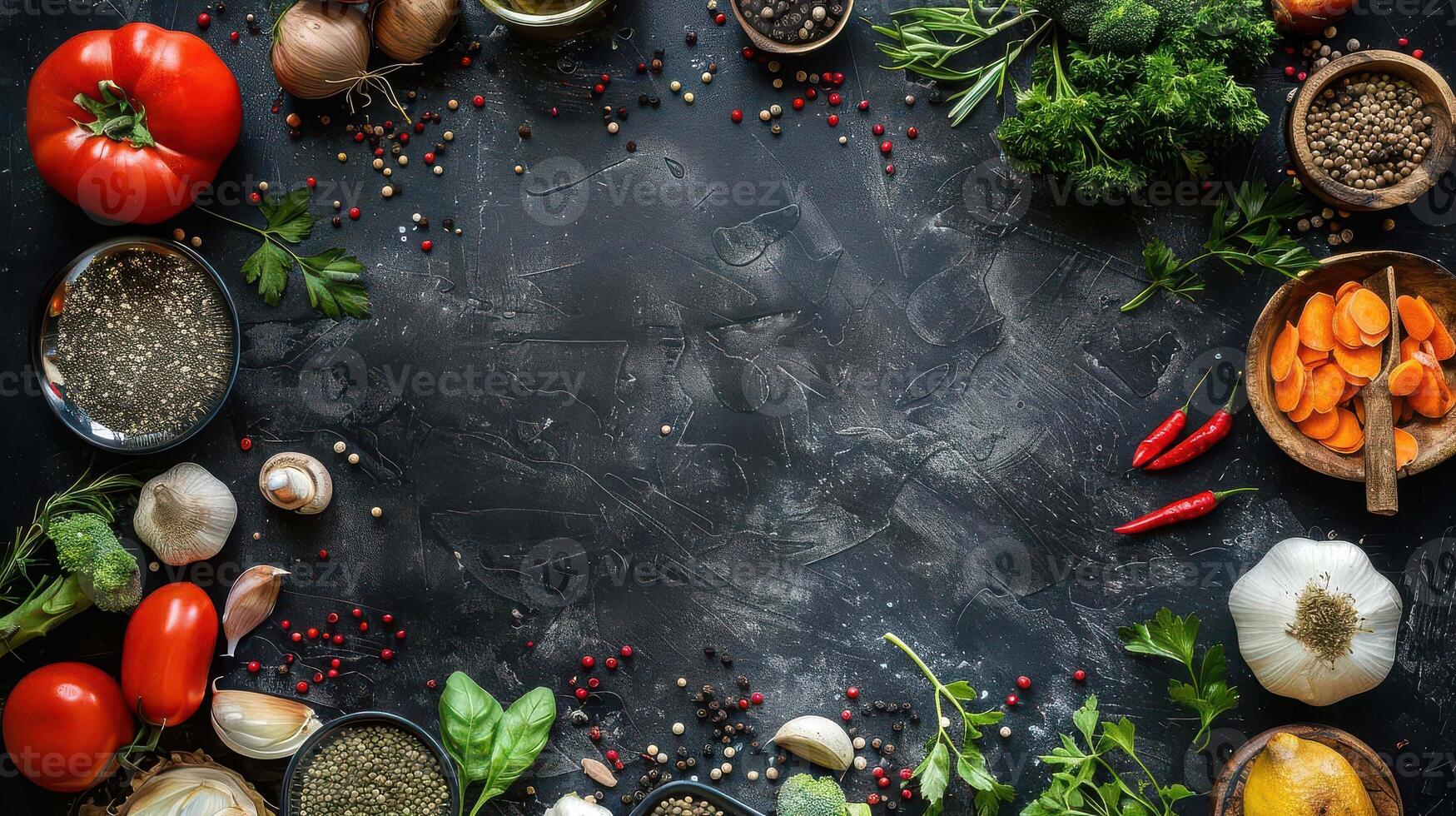 Various vegetables and spices on a black background photo